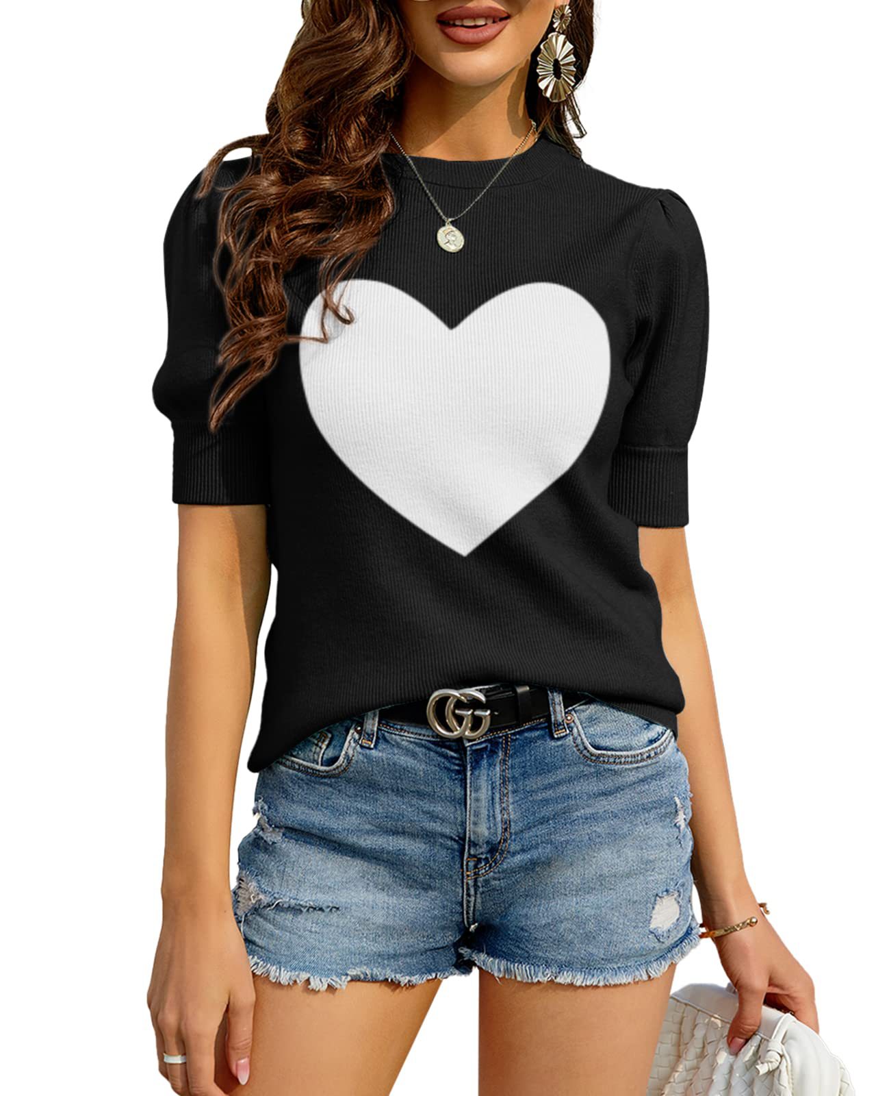 Womens Puff  Sweaters Pullover Shirt Tops Crew Neck  Knit Sweater Blouses